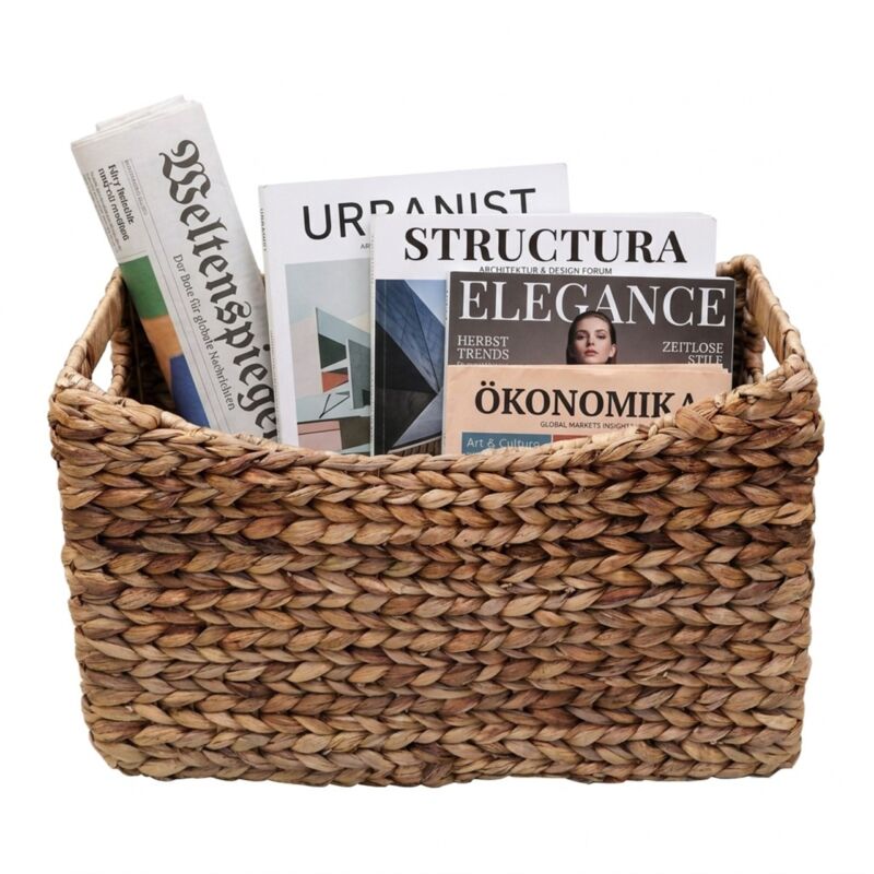 Relaxdays Newspaper Rack, Water Hyacinth, Iron Frame, Hxwxd, 25 X 43 X 17 Cm, Woven Basket With Handles, Natural
