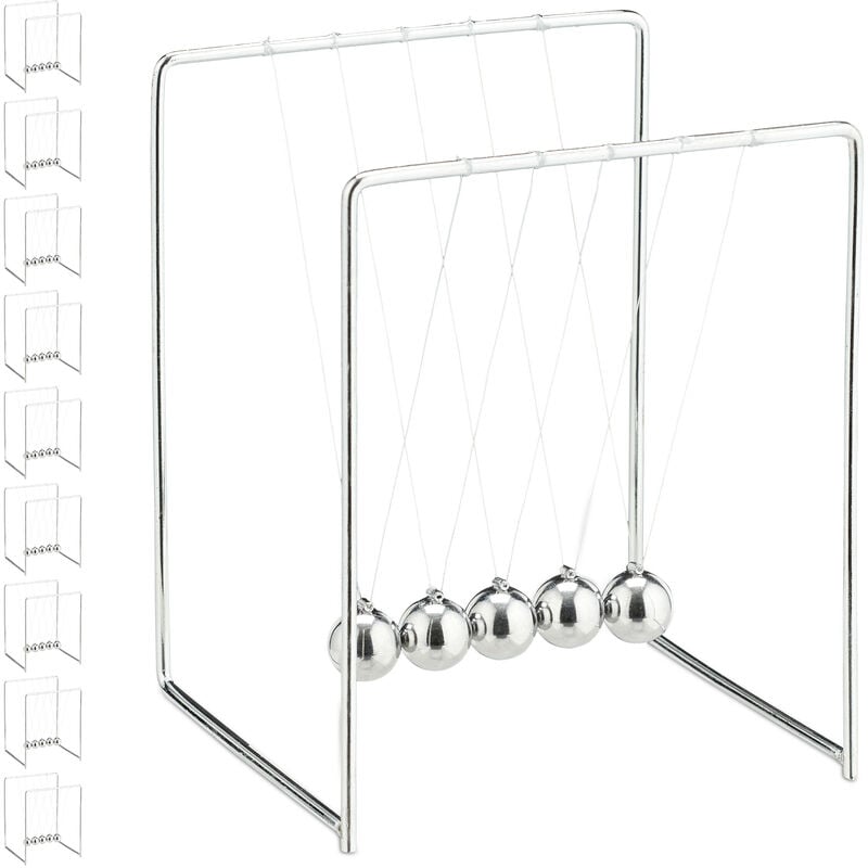 Relaxdays - Newtons Cradle, 10x Set, Pendulum with 5 Balls for Desk & Office, Stress Relief, Metal, Physics Gadget, Silver