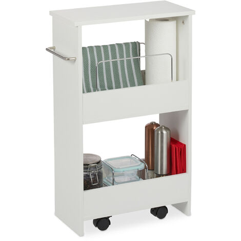 Relaxdays Niche Trolley, 2 Compartments, Narrow Storage Shelf with Castors, Bathroom & Kitchen, MDF, 67x20x43 cm, White