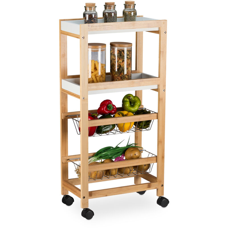 Relaxdays Niche Trolley, 4 Shelves, Narrow Kitchen & Bathroom Cart, Hwd, 83 X 22 X 40 Cm, Bamboo, Rolling, Natural/white