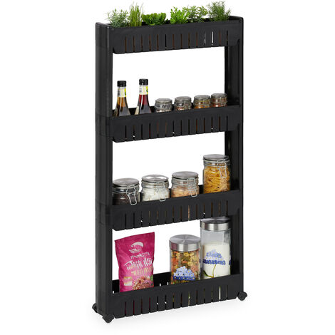 Relaxdays Niche Trolley, 4 Shelves, Narrow Shelf for Bathroom & Kitchen, 101x12.5x54 cm, Rolling Storage Plastic, Black