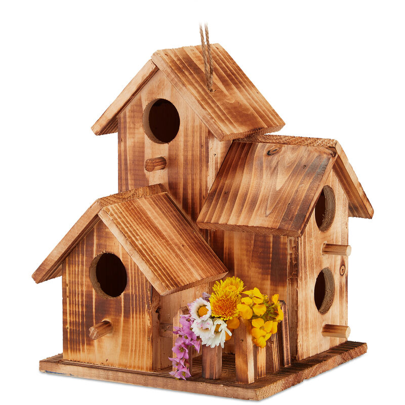 Nid d'oiseaux, à suspendre, balcon, terrasse, jardin, bois brûlé, niche déco, hlp 34x20x19 cm, naturel - Relaxdays