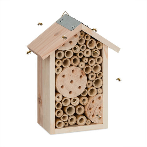 Relaxdays Nido para Abejas Solitarias, Hotel para Insectos, Madera, Exteriores, Colgante, 21 x 15,5 x 9 cm, Natural