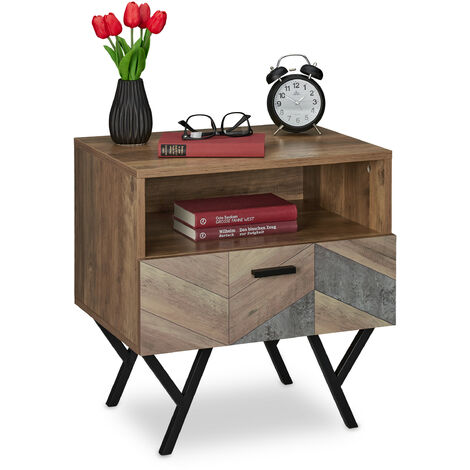 Relaxdays Night Stand, Side Table, Drawer, Industrial, H x W x D: approx. 53 x 50 x 42 cm, Metal, MDF, Brown