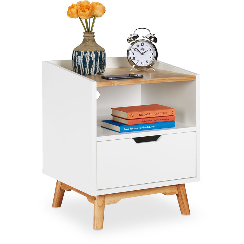 Nightstand with Wooden Legs, Scandinavian Design, Drawer, Open Compartment, Bedside Table 50 x 43 x 40 cm, White - Relaxdays