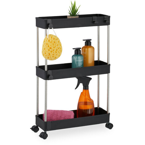Relaxdays Nischenwagen, 3 Etagen, schmales Nischenregal für Küche & Bad, HxBxT: 62 x 41,5 x 14,5 cm, Rollregal, schwarz