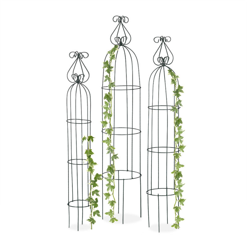Obélisque de jardin, Colonne rosier, Arche plante grimpante, set de 3 métal Cage rose, Arceau, vert foncé - Relaxdays