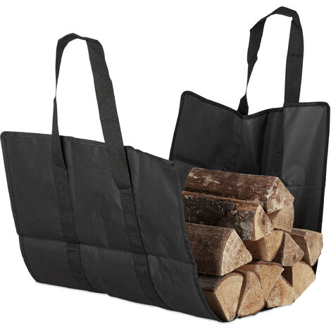 Relaxdays Open Firewood Bag, Polyester, Portable Log Holder Basket, Foldable Tote, Durable, Black
