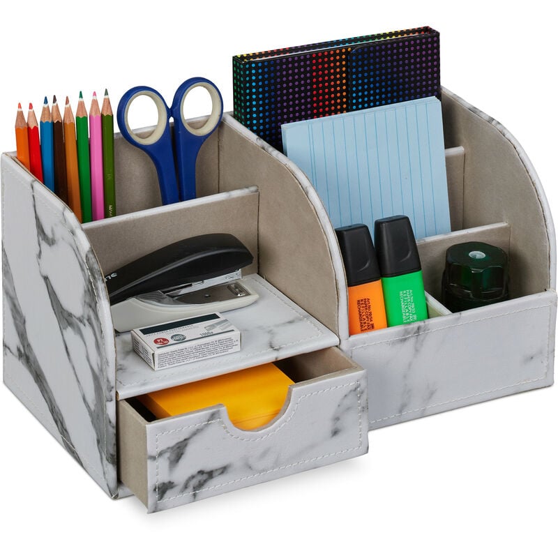 Organisateur bureau, tiroir, 6 compartiments, aspect marbre, HxLxP: 14,5 x 28 x 14,5 cm, rangement, blanc - Relaxdays
