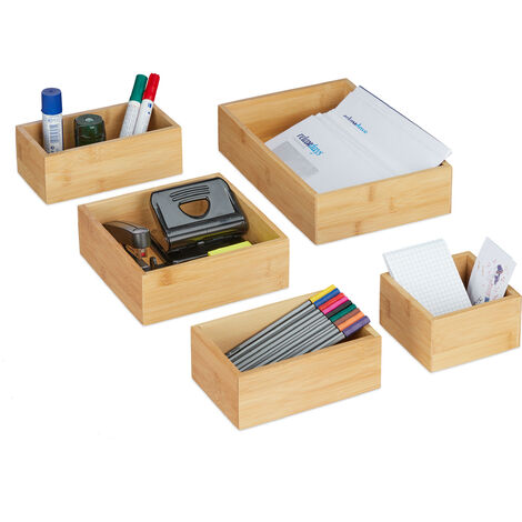 Relaxdays Organisation Boxes, Set of 5, Stackable, Drawer Organisation System Bamboo, Various Sizes, natural