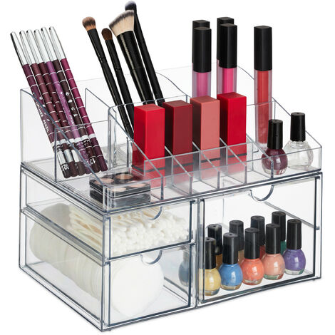 Relaxdays Organiseur à maquillage, 14 compartiments & 3 tiroirs, vernis, crayons à lèvres, plastique, transparent