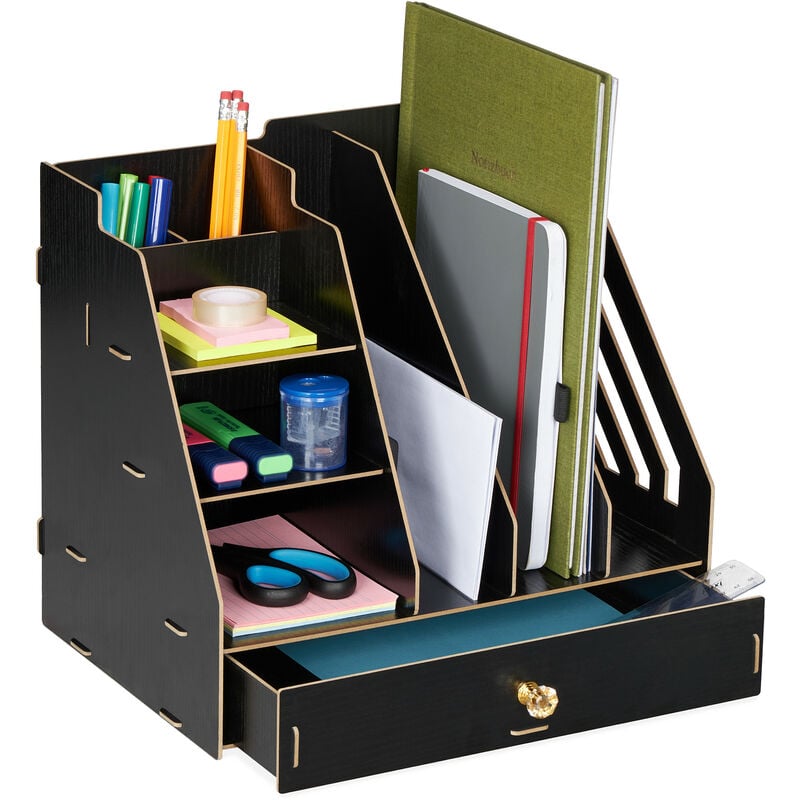 Relaxdays - Organiseur bureau, 3 porte-documents, 3 étagères, 2 porte-stylos, 1 tiroir, école, diy, mdf, noir