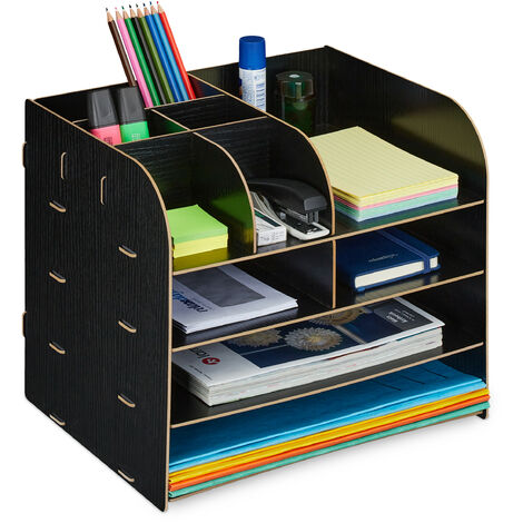 Relaxdays Organiseur bureau avec étagères documents, 10 compartiments, HxLxP: 27,5 x 32,5 x 25 cm, Rangement MDF, noir
