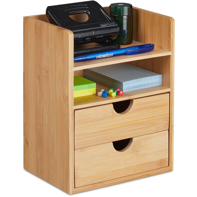 Organiseur de bureau, 2 tiroirs et étagères, ustensiles papeterie, rangement bambou, HxLxP 24x19x13 cm, nature - Relaxdays