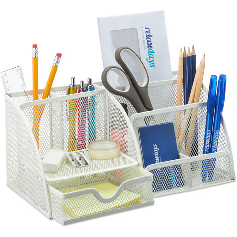 Relaxdays Organiseur de bureau, Organisateur de table avec porte-stylos et tiroir, métal, maille, 13 x 28 x 14 cm, blanc