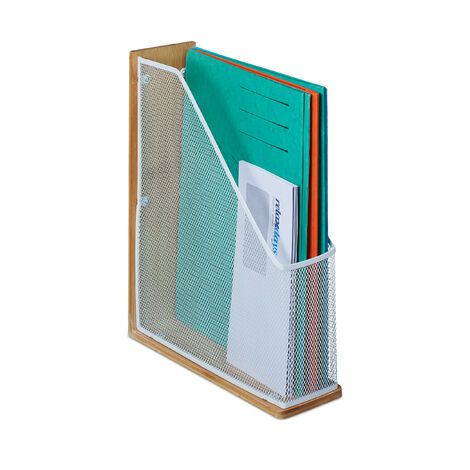 Relaxdays Organiseur non-fixe bambou et métal, A4 à C4, HxLxP: 33 x 9 x 26,5 cm, rangement magazines, nature-blanc