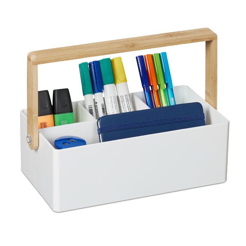 Relaxdays - Organiseur à poignée, 4 compartiments, portable, rangement, anse bambou, trieur, HxLxP : 8,5x26x16 cm, blanc
