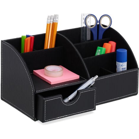 Relaxdays Organiseur pour bureau, 6 compartiments & tiroir, H x L x P : 14 x 28,5 x 15 cm, range-crayons, noir