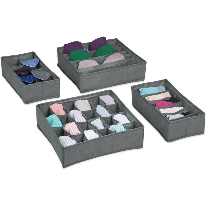 Organiseur sous-vêtements, 4 pièces, Système rangement boites pour armoire, pour chaussettes, gris clair - Relaxdays