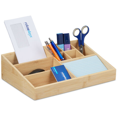 Relaxdays Organizador de Escritorio 9 Compartimentos, Bambú, Oficina, Baño, 9x33x21 cm, Cajonera de Sobremesa, Natural