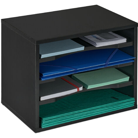 Relaxdays Organizador Documentos, Formato A4, Almacenamiento Amplio Cartas, 4 Compartimentos, 28 x 35,5 x 25 cm, Negro