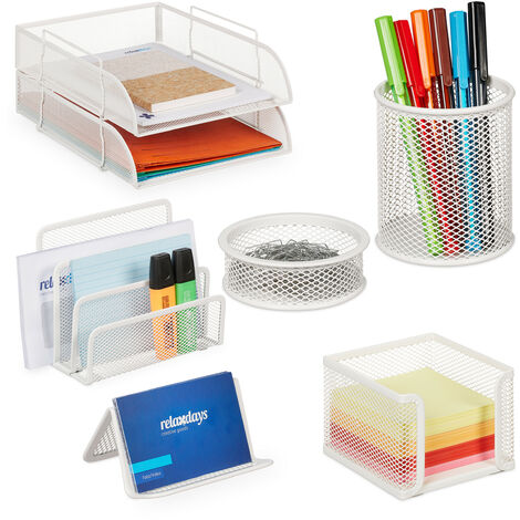 Relaxdays Organizador Escritorio 7 Piezas Rejilla Metal, Bandeja Documentos, Caja Pósits, Soporte Cartas, Clips, Blanco