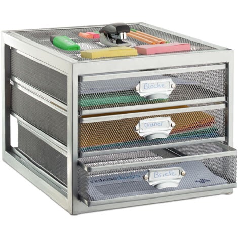 Relaxdays Organizador Escritorio con 3 Cajones para Documentos A4, Acero, Plateado, 23 x 27,5 x 35,5 cm