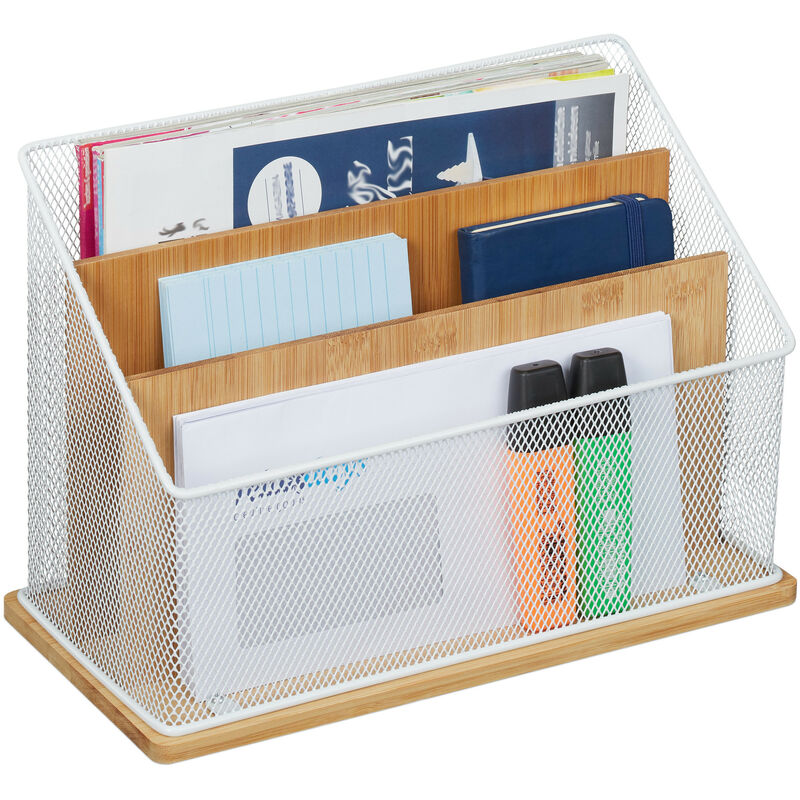 Relaxdays - Organizer da Scrivania, Bambù e Metallo, 3 Scomparti Portadocumenti, Lettere, hlp 20x29x14 cm, Naturale Bianco