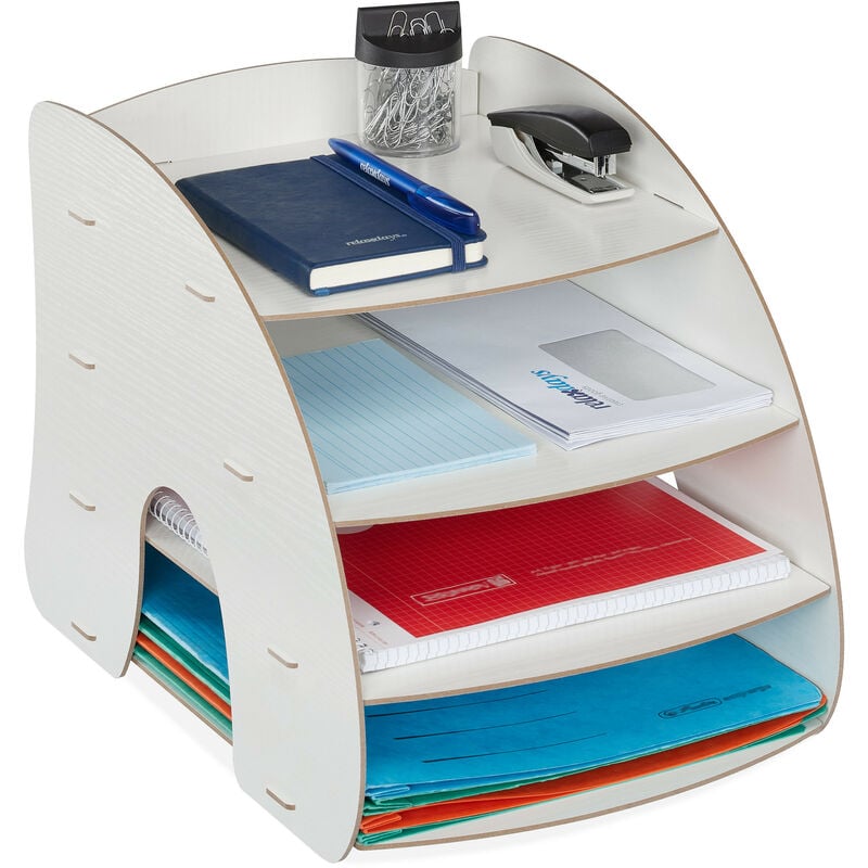 Relaxdays - Organizer da Scrivania Portadocumenti, 4 Scomparti Portalettere A4, hlp: 27x25,5x34,5 cm, mdf, Ufficio, Bianco