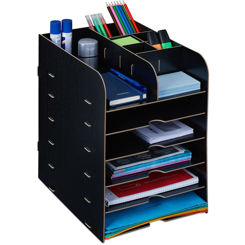 Relaxdays Organizer da Scrivania, Portapenne e Portadocumenti, 12 Scomparti, HLP: 34,5 x 25 x 32 cm, in MDF, Nero