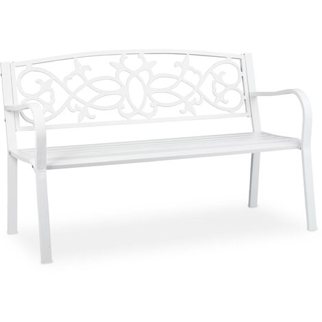 Relaxdays ornate garden bench, 2 seater, weatherproof, made of cast iron & steel, 124.5x58x78 cm (LxWxH), outdoor, white