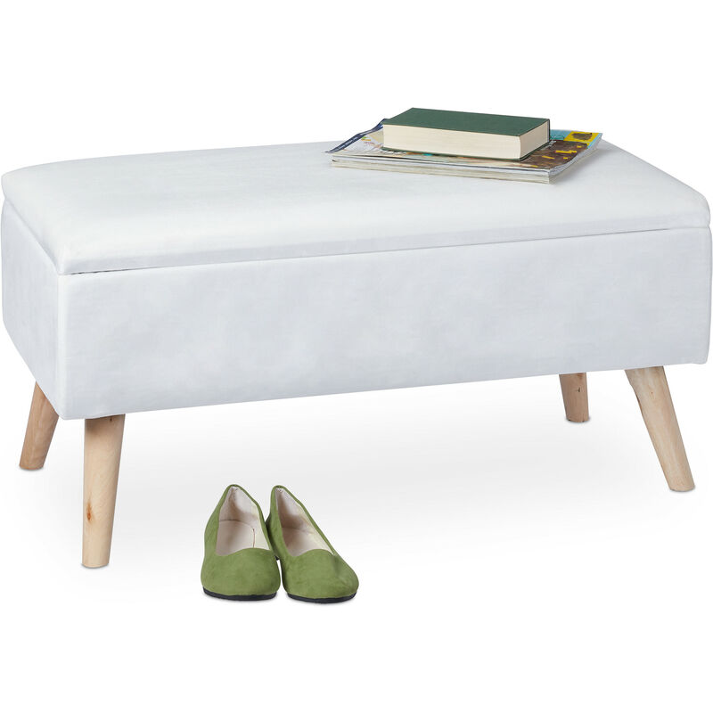 Ottoman Storage Bench, Velvet Upholstery, 40 L Capacity, Padded Seat, Wooden Legs, Seating Furniture, White - Relaxdays