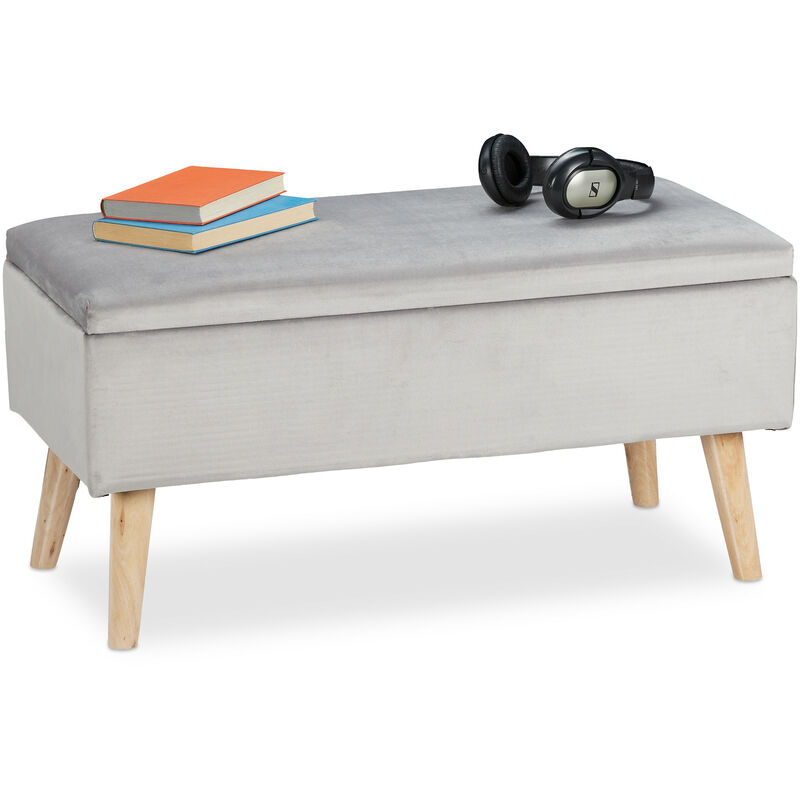 Ottoman Storage Bench, Velvet Upholstery, 40 L Capacity, Padded, Wooden Legs, Seating Furniture, Light Grey - Relaxdays