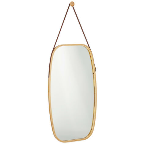 Relaxdays Oval Wall Mirror, Bamboo Frame, Decorative Mirror with an Adjustable Strap, Hallway, 76.5 x 43.5 cm, Natural