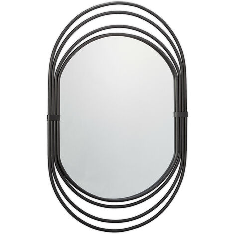 Relaxdays Oval Wall Mirror, Wall-Mounted, Vertical & Horizontal, Decorative Frame, HxWxD 77 x 52 x 2 cm, Metal, Black