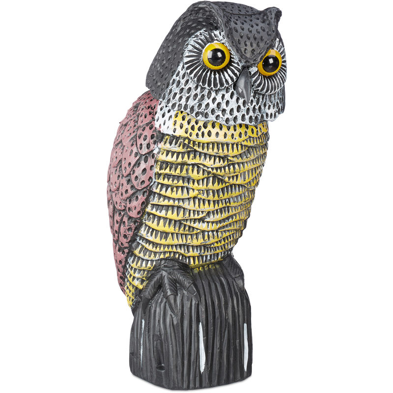 Owl Bird Deterrent with Swivel Head, Standing Figurine, Dove Scarecrow for Garden, Balcony, Patio, Multicolour - Relaxdays