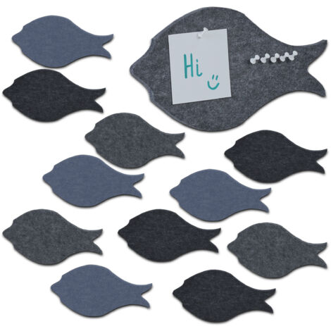 Relaxdays Pack 12 Tableros de Fieltro, Forma de Pez, Pizarras Anuncios, 16 x 30 x 0,9 cm, Incluye Chinchetas, Multicolor
