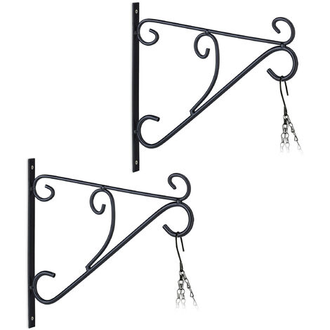 Relaxdays Pack 2 Ganchos Macetas Pared, Colgadores Maceteros y Faroles, 28 x 30 x 2 cm, Perchas Jardín, Hierro, Negro