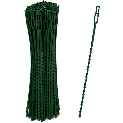 Relaxdays Pack 200 Bridas Plástico, 23 cm, Sujetadores para Atar Plantas, Ajustables, Reutilizables, para Tutores, Verde