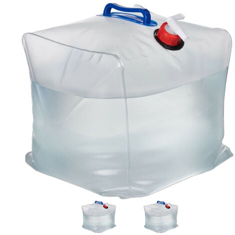 Relaxdays Pack 3 Bidones Plegables 20 L, Garrafas Agua Grifo y 2 Asas, Depósitos Camping, Plástico sin BPA, Transparente