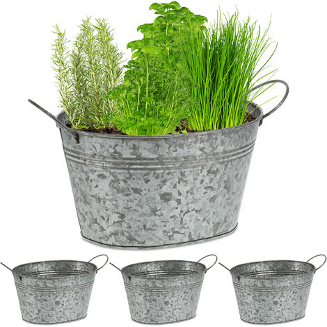 Relaxdays Pack 4 Macetas de Metal, Tiestos Flores de Exterior, Jardineras Ovaladas, 15,5x29x17,5 cm, Vintage, Plateado
