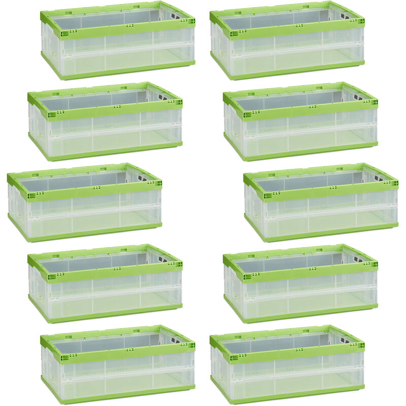 

Pack de 10 Cajas de Almacenaje y Transporte Plegables, Plástico, Transparente-Verde, 21.5 x 59 x 39.5 cm