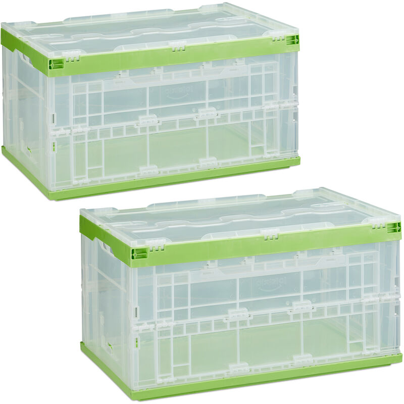 Boîte pliable, lot de 2, couvercle, caisse de rangement plastique coffre transport 60 litres 31,5 x 59,5 x 39,5 cm, vert