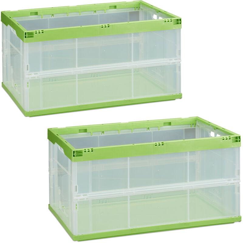 

Relaxdays - Pack de 2 Cajas de Almacenaje Plegables 60 L, Plástico, Transparente-Verde, 31 x 59 x 39.5 cm