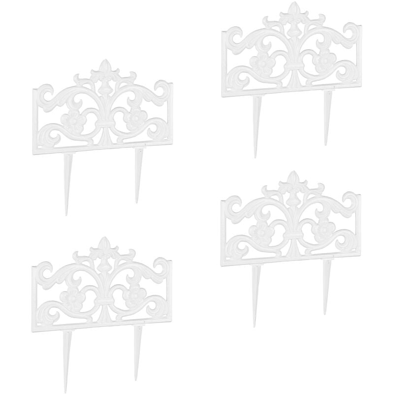 Bordure de jardin, lot de 4 éléments, fonte de fer, clôture en métal, piquet, antiquités, HxlxP: 37 x 36 x 2 cm, blanc
