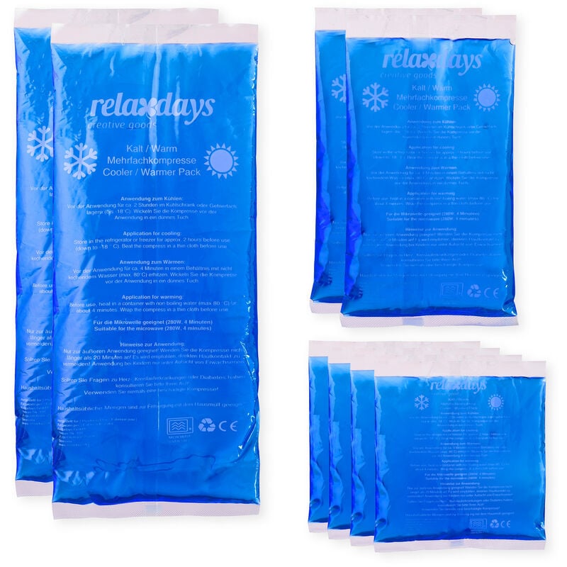 Relaxdays compresses avec gel thermique en lot de 8, premiers secours, 3 tailles, chaud-froid, sport, muscles, bleu