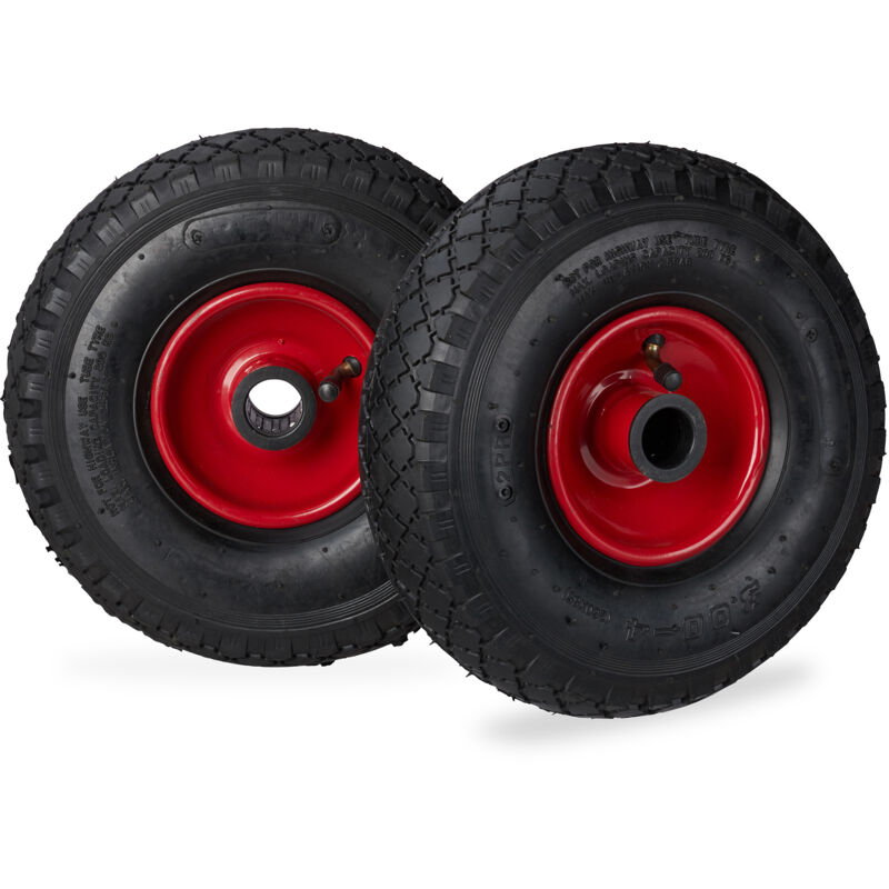 Roue de brouette caoutchouc 100 kg, lot de 2, roue de rechange, pour axe de 25 mm, 3.00-4, noir-rouge - Relaxdays
