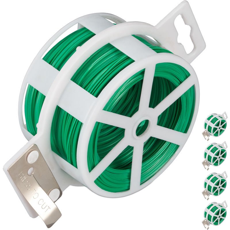 Relaxdays Pack Of 5 Garden Wire 50m, Plastic Coated Twist tie, For Plants, Reel With Cutter, Rust-free, Green