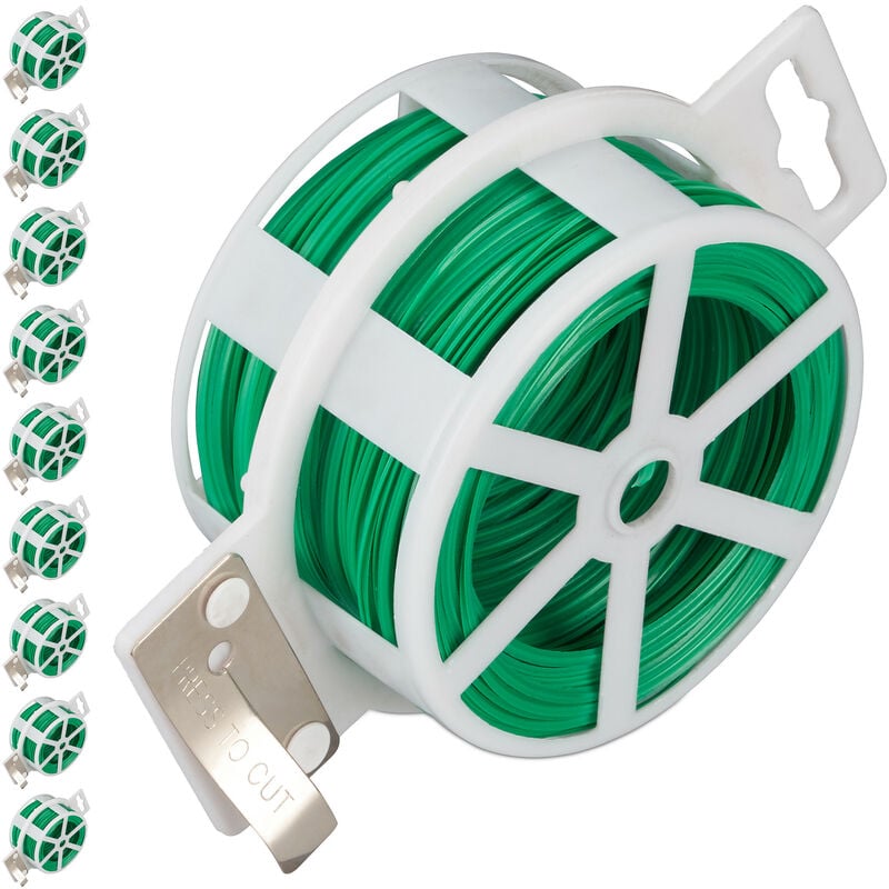 Garden Wire, Set of 10, 50 m Length, Thin Binding, Spool, for Plants, Plastic Coated, with Cutter, Green - Relaxdays