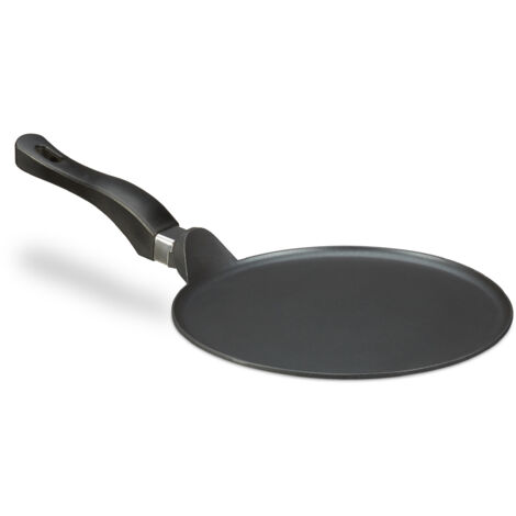 Relaxdays Padella per Crêpes e Frittelle in Alluminio Pressofuso, 25 cm, Antiaderente, Facile da Pulire, Piatta, Nera
